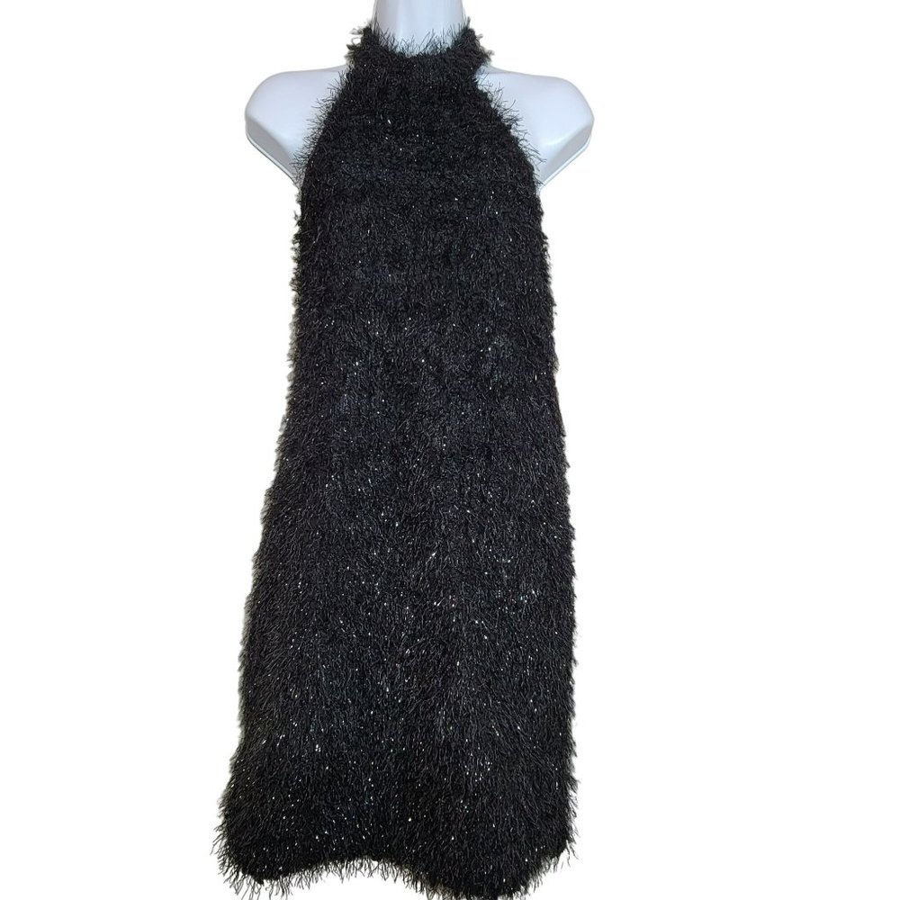 Shein Bae Women's L Black Fuzzy Mini Dress w/Halter Top and Open Back **NWT**